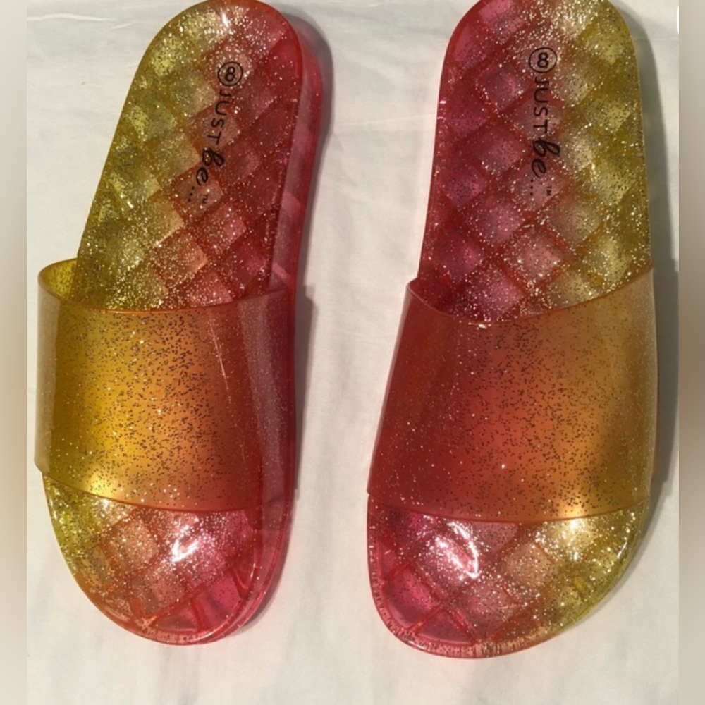just be women’s ' Glitter Ombre Slide Sandals in Pink and Yellow, 8